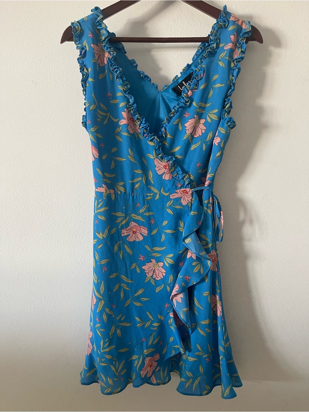 Luluβs Blue Floral Ruffle Wrap Dress Sz XS